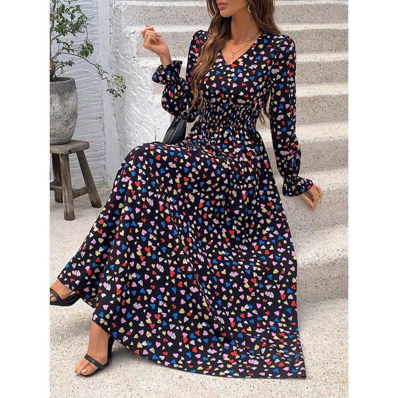 &  autumn hot-selling women's printed v-neck long sleeve maxi dress - stylish and versatile