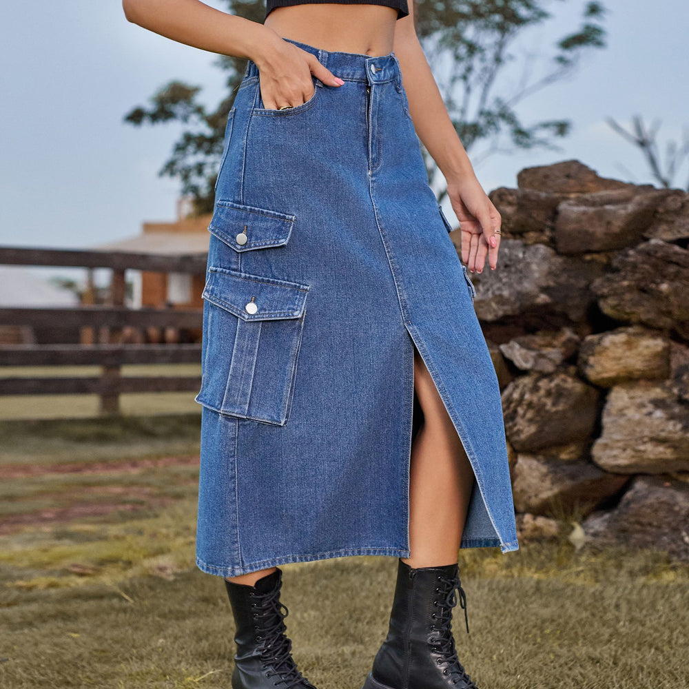 Fashion cross-border women's clothing  new arrival american hot girl elastic waist denim workwear casual mid-length skirt skirt