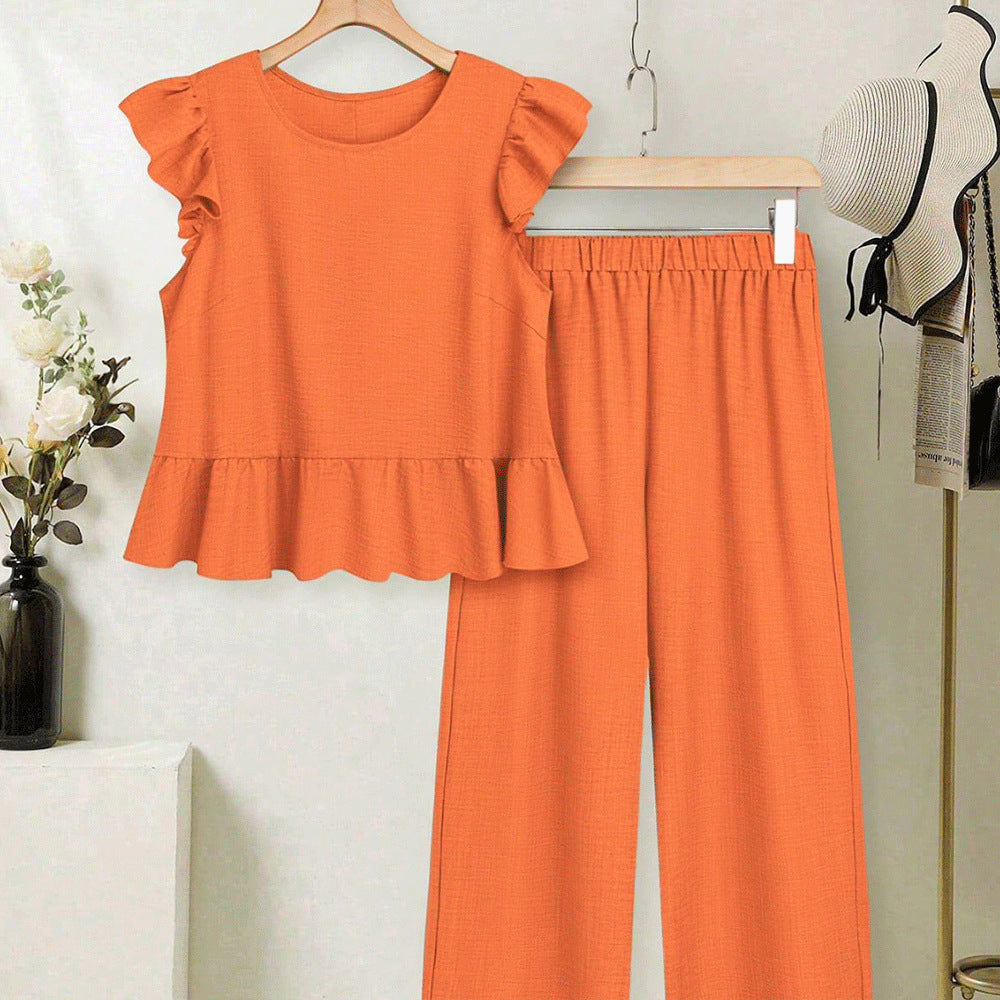 European and american cross-border women's short-sleeve set:  summer new arrival - stylish flutter sleeve top and wide-leg pants two-piece set