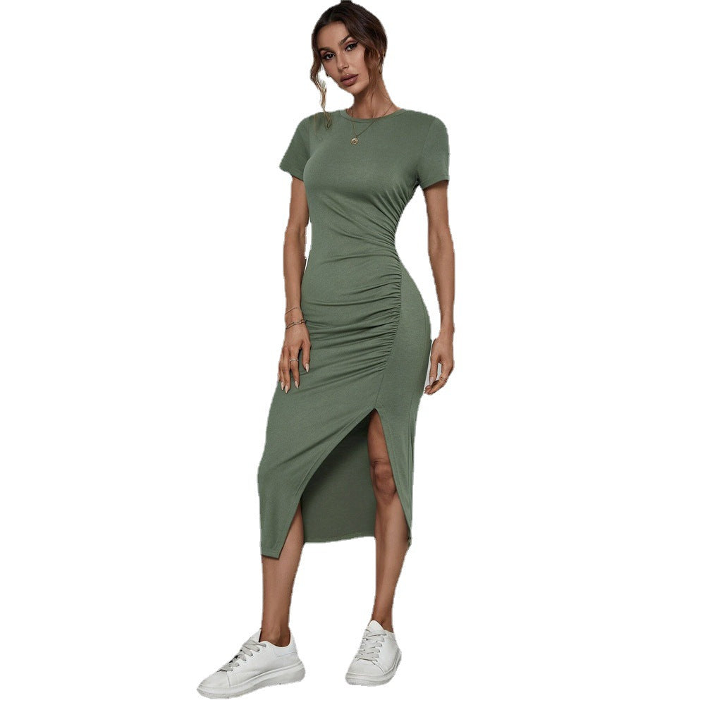 Cross-border 2024 European and American women's clothing  round neck pullover waist split short sleeve hip wrap dress medium and long dress