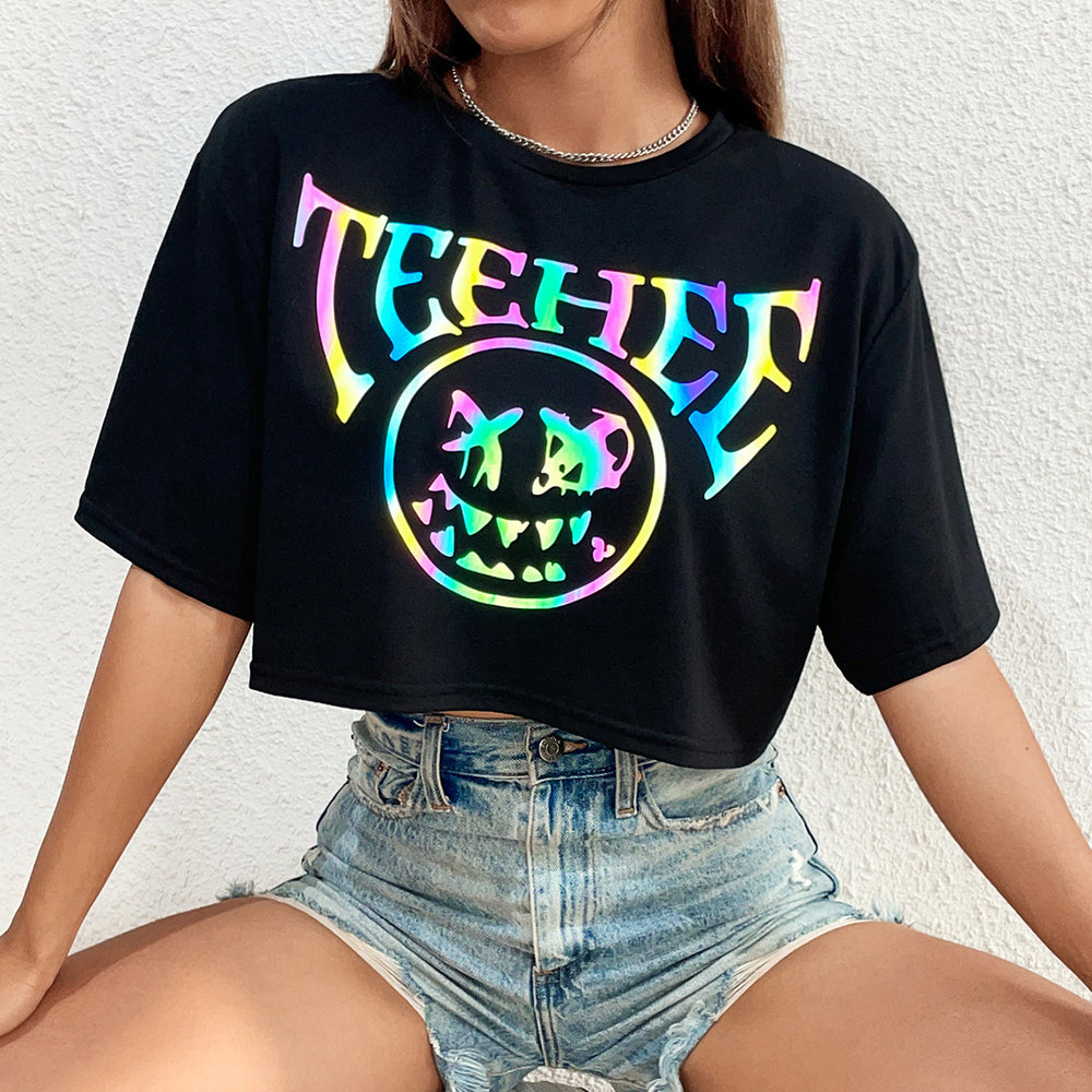 Pre-sale 53127#  cross-border women's fashion european and american ins fashion round neck printed short-sleeved t-shirt