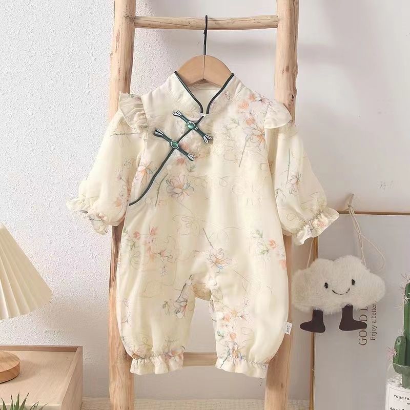 Chinese style outing clothes sweetcutecheongsam baby girl spring & fall jumpsuit baby spring clothes thin style khaki hundred days