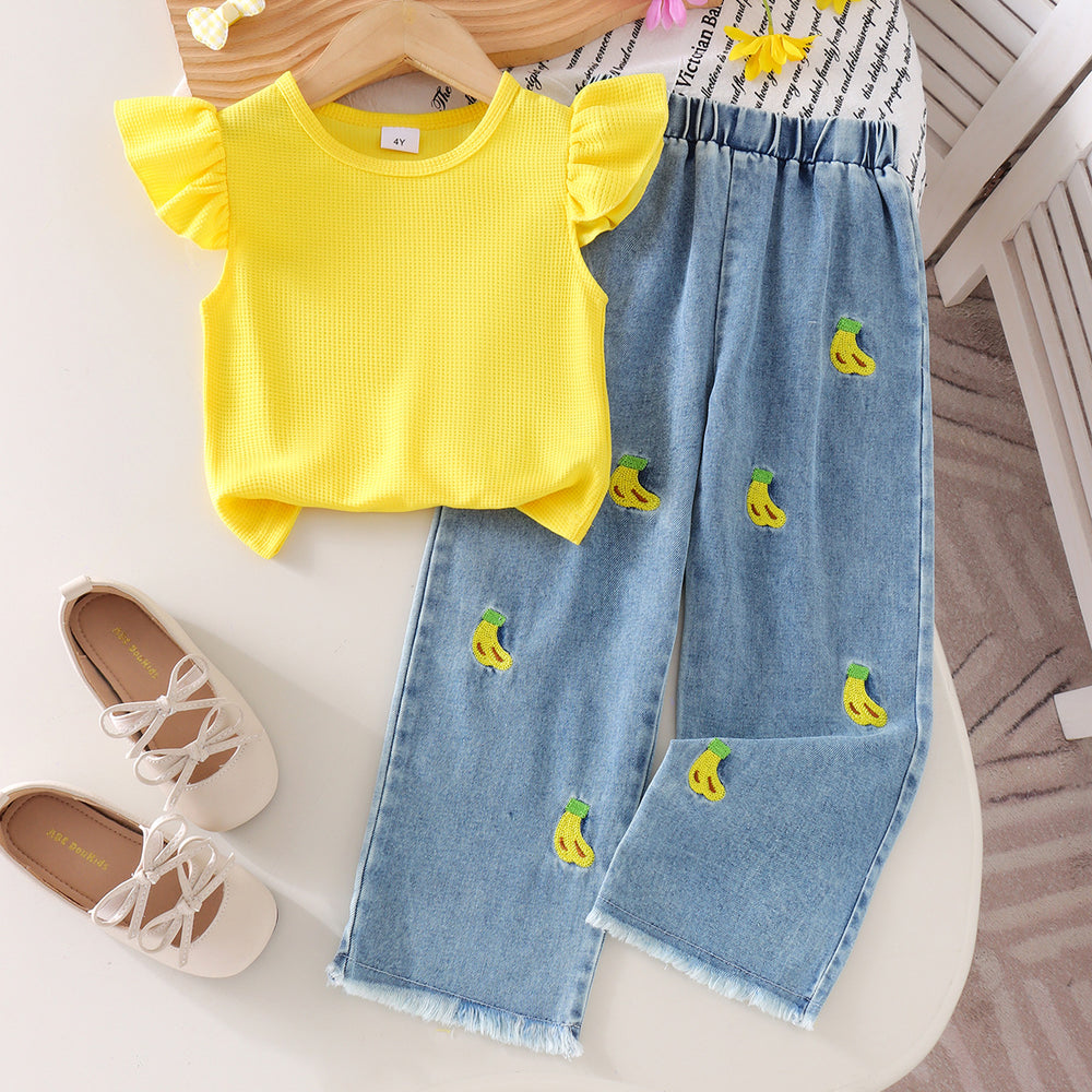 Kids clothing cross-border exclusive iexport fashion children's clothing new arrival children's flying sleeve t-shirt + blue pants
