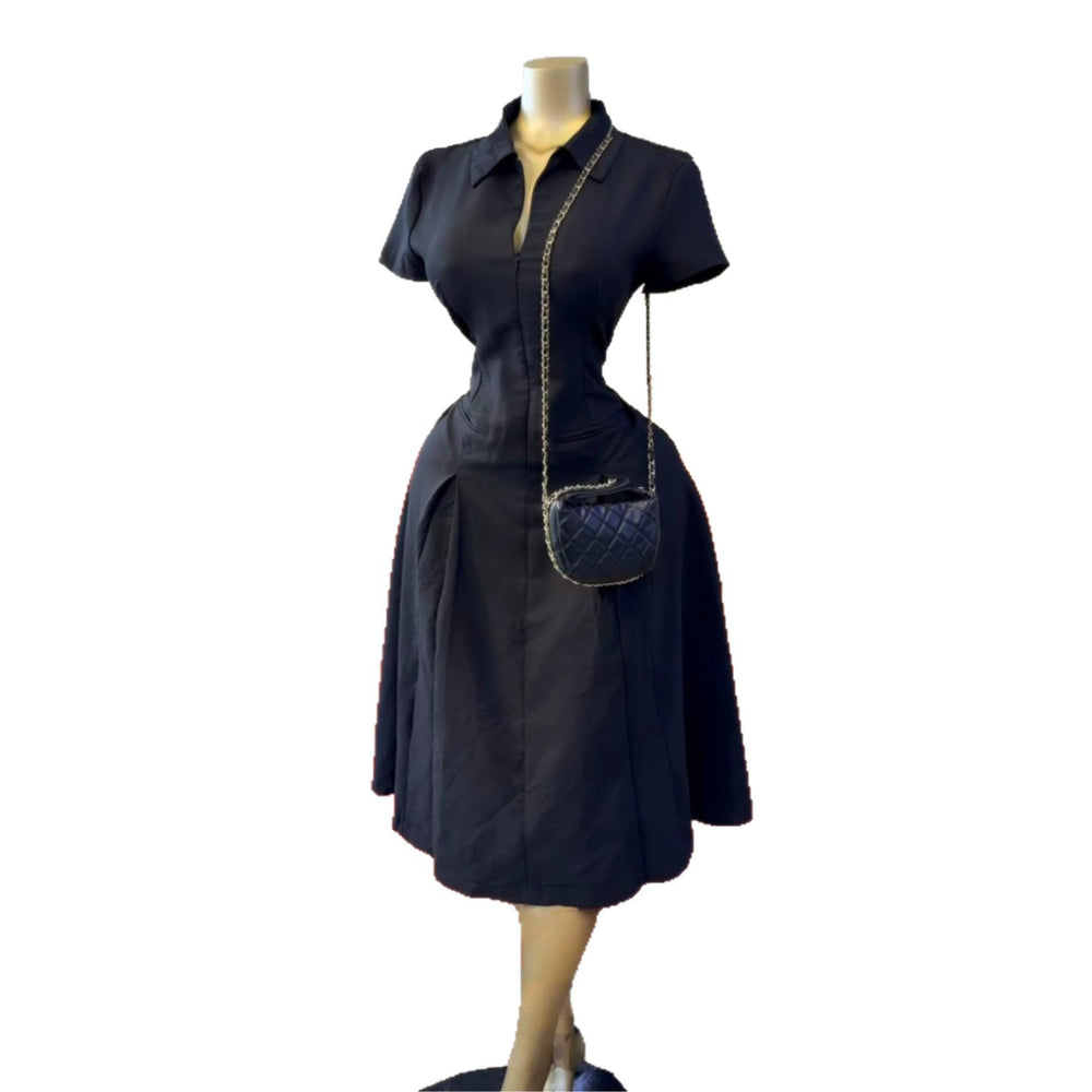 European and american cross-border women's fashion:  summer new arrival - elegant and chic notch lapel slim-fit little black dress, midi length