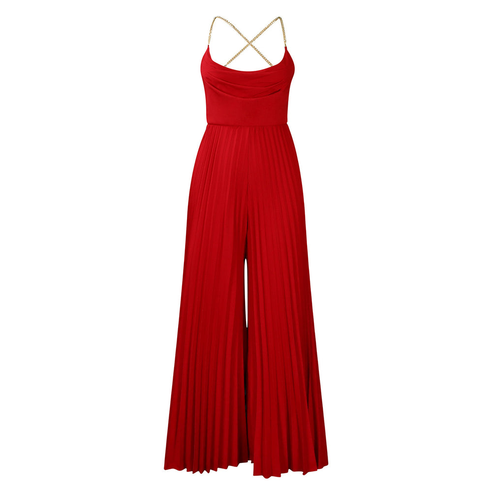 D3281  summer fashion sexy chain halter high waist sexy backless wide leg pleated jumpsuit