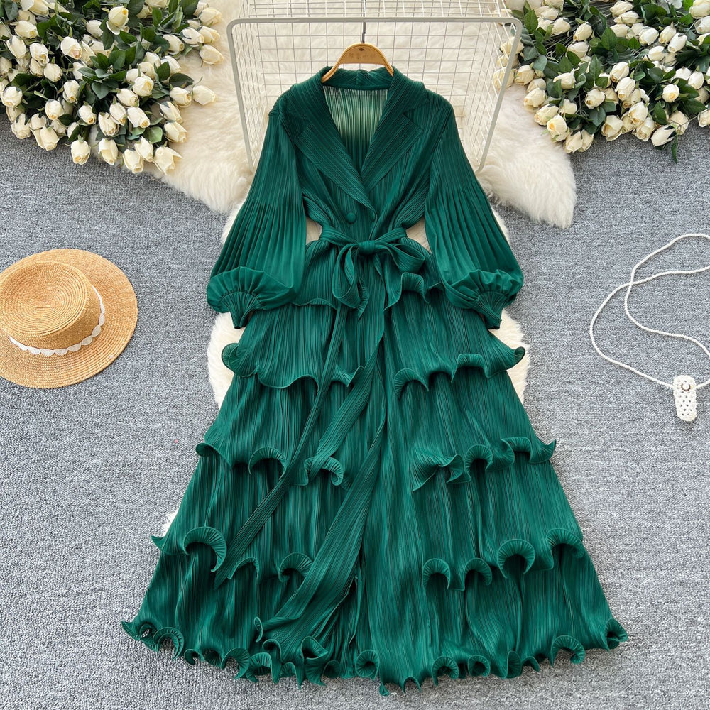 2025 new elegant spring dress: high-end vintage collar lantern sleeve ruched waist ruffle pleated dress for women