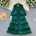 2025 new elegant spring dress: high-end vintage collar lantern sleeve ruched waist ruffle pleated dress for women