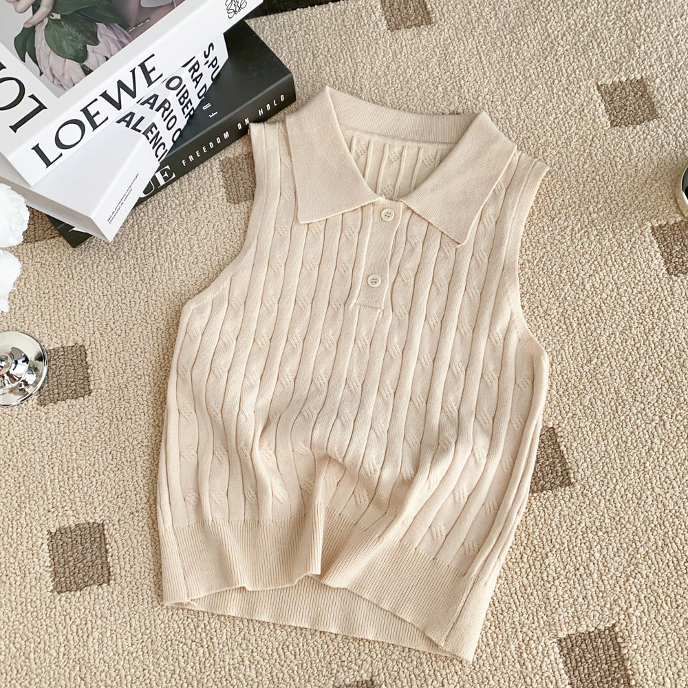 Korean chic summer french style sleeveless knit polo top - slim fit, versatile solid color tank top