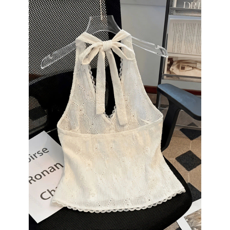 Women's summer new fashion elegant solid color backless pearl button decorated tie-up halter neck tank top