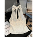 Women's summer new fashion elegant solid color backless pearl button decorated tie-up halter neck tank top