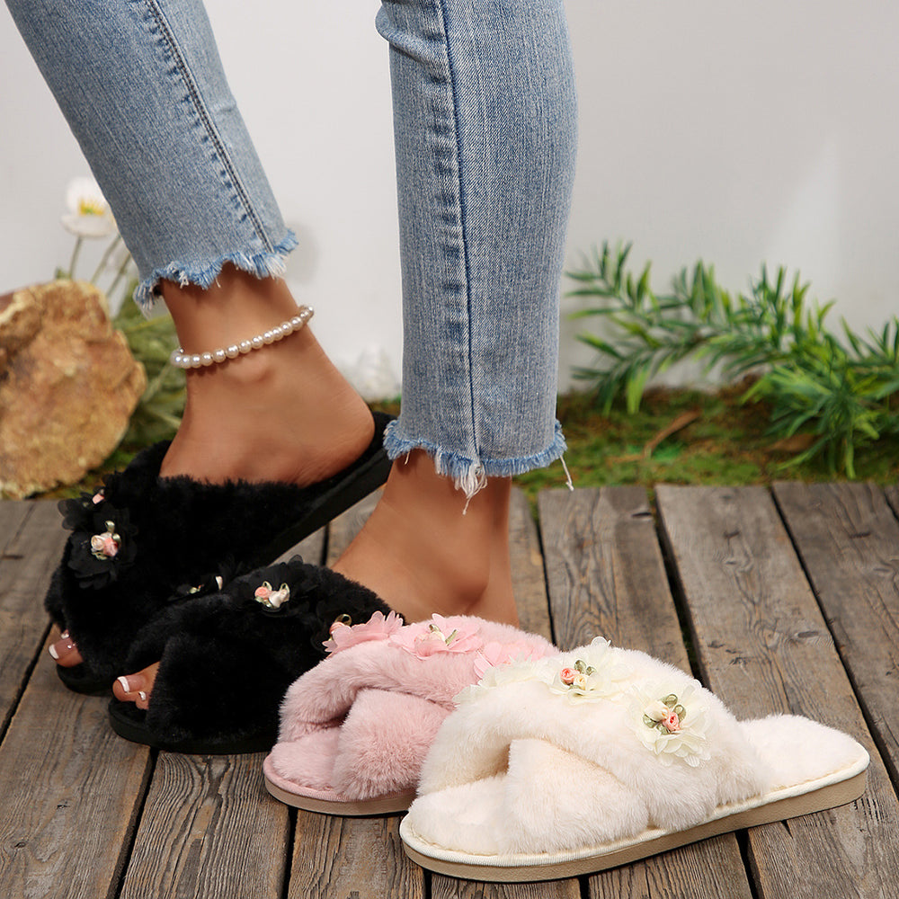 2025 new autumn fuzzy slippers for women - stylish floral design, indoor home use, flat cross-strap, warm plush cotton slippers
