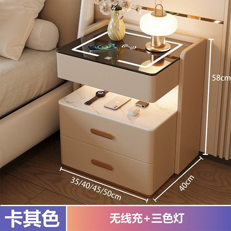 Solid wood smart light luxury bedside table - modern, high-end, home bedroom, minimalist, multifunctional, wireless charging & storage