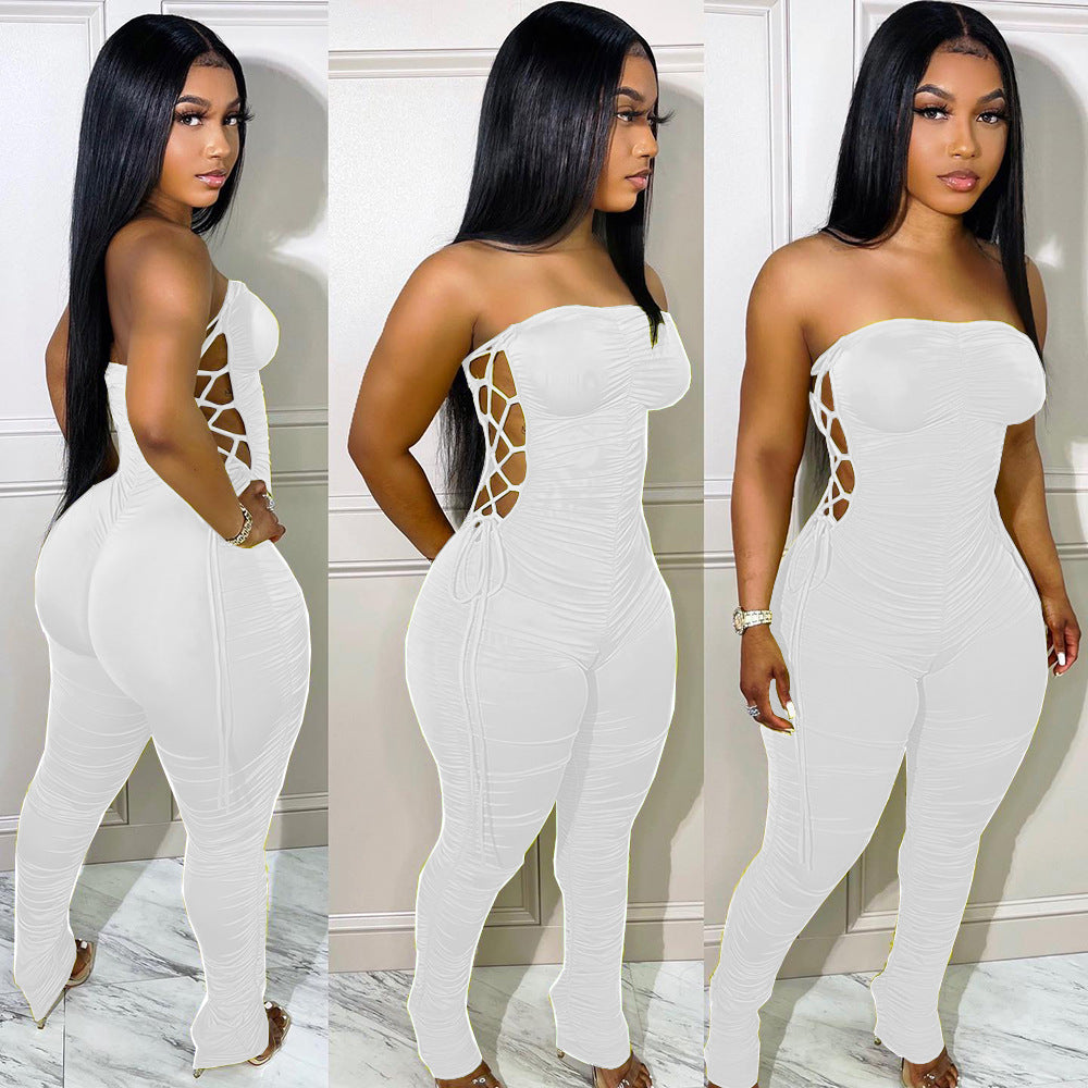 Fashion cross-border supply  women's clothing silm side tie pleated milk silk flat chest jumpsuit