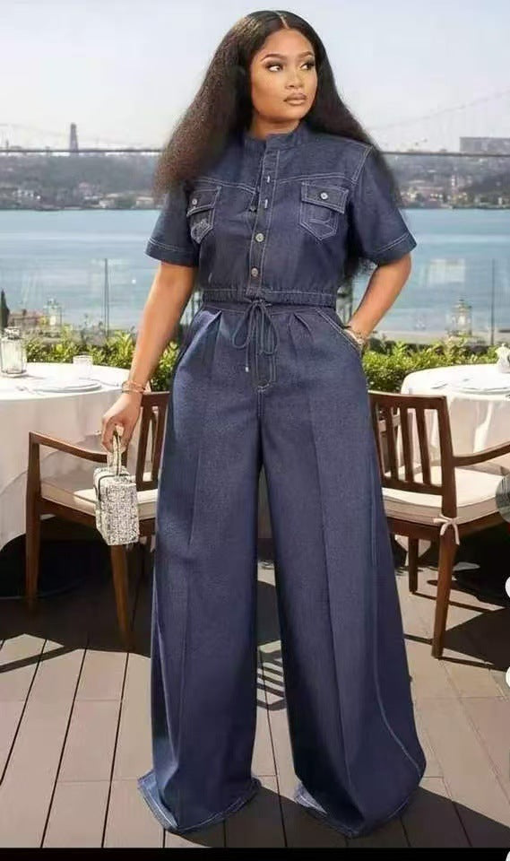 European and american new arrival cross-border   casual button-down two-piece set: short-sleeve top & wide-leg jeans denim outfit for women