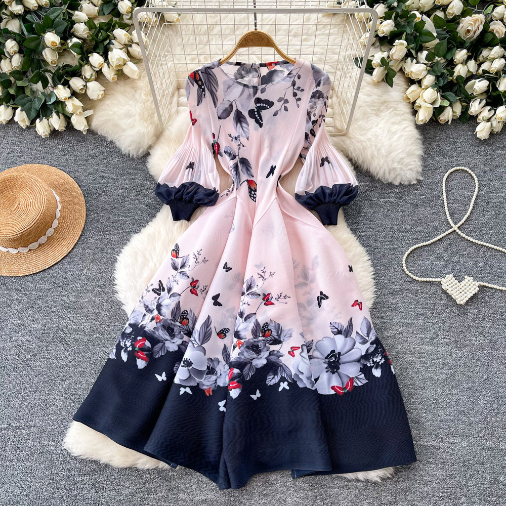French romantic floral print dress - women's spring long sleeve slim fit a-line maxi dress - elegant, chic, and youthful