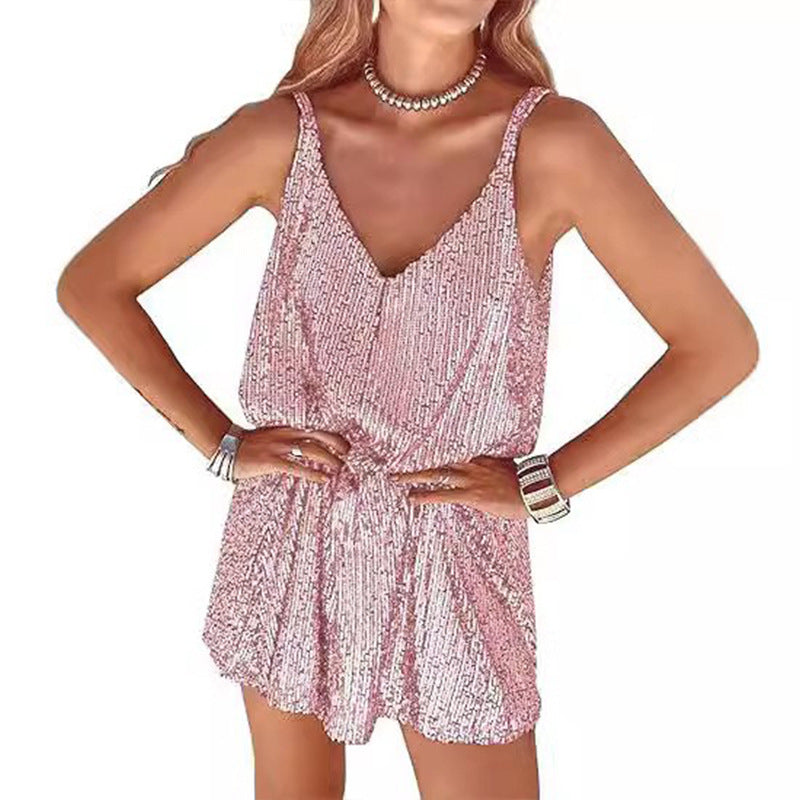 Amazon women's loose v-neck nightclub sexy hot girl dress - pure & sultry style, european & american style spaghetti strap sequin dress