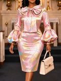 New satin printed bow collar puff sleeve dress - slim fit, waist-defining, slimming party evening gown