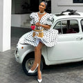 European and american cross-border women's fashion:  summer new arrival - elegant bubble sleeve v-neck polka dot high-waisted asymmetrical dress