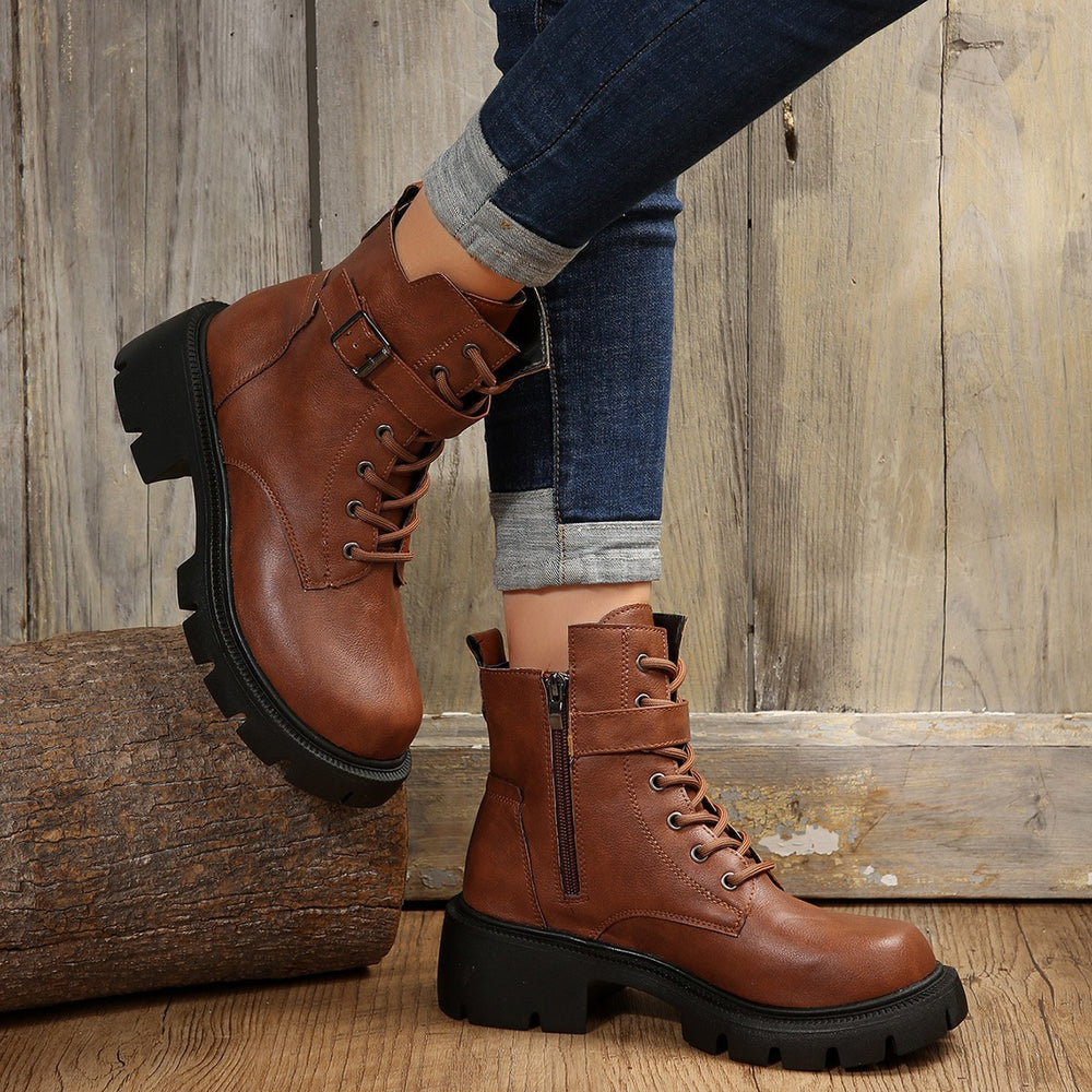 Thick sole round toe boots women's belt buckle thin velvet short boots fall and winternew arrival side zipperexportplus size leather boots