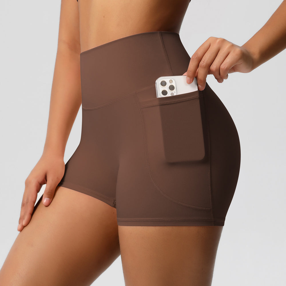 fashion brushed pure colorflap pocket pants high waist tight high elastic yoga shorts sports running fitness three-quarter pants for women