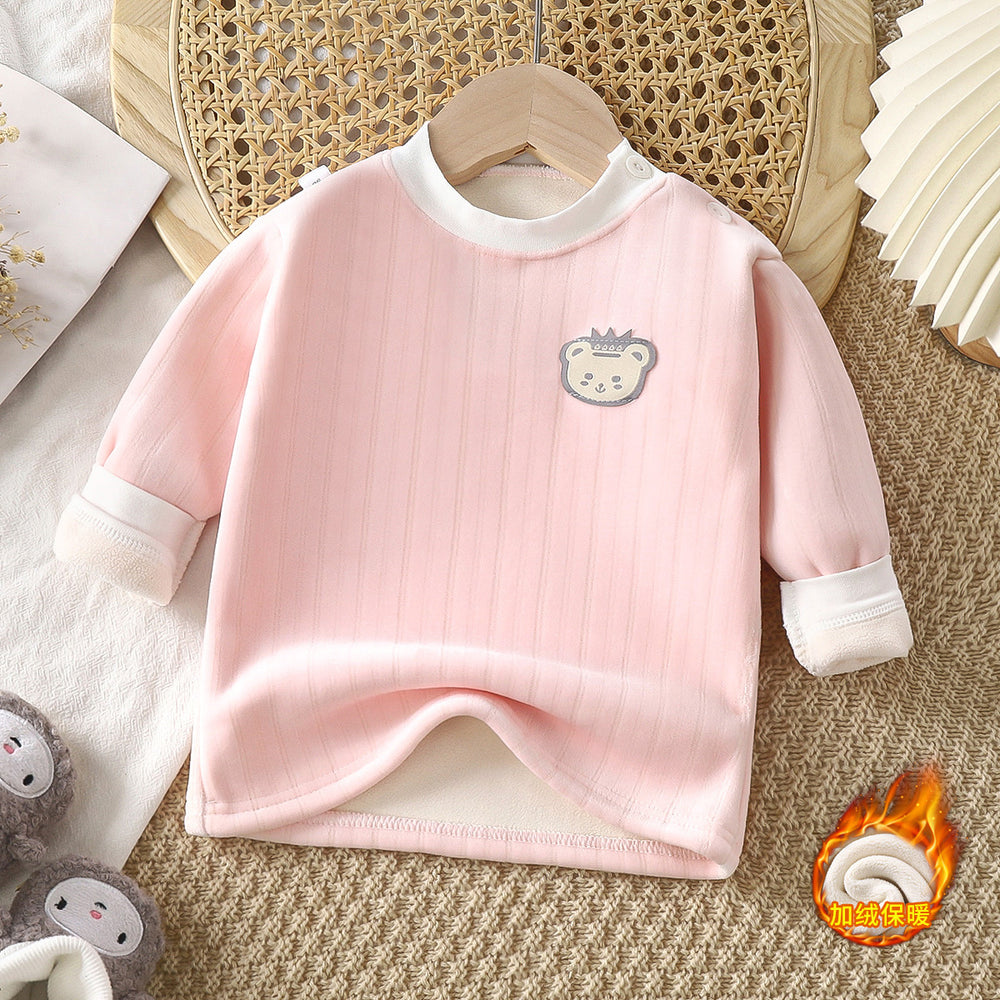 Kidsheattechtops boys and girlsfall and winter bottom shirt baby thickened pajamas children's fleece-linedlong sleeves autumn clothes