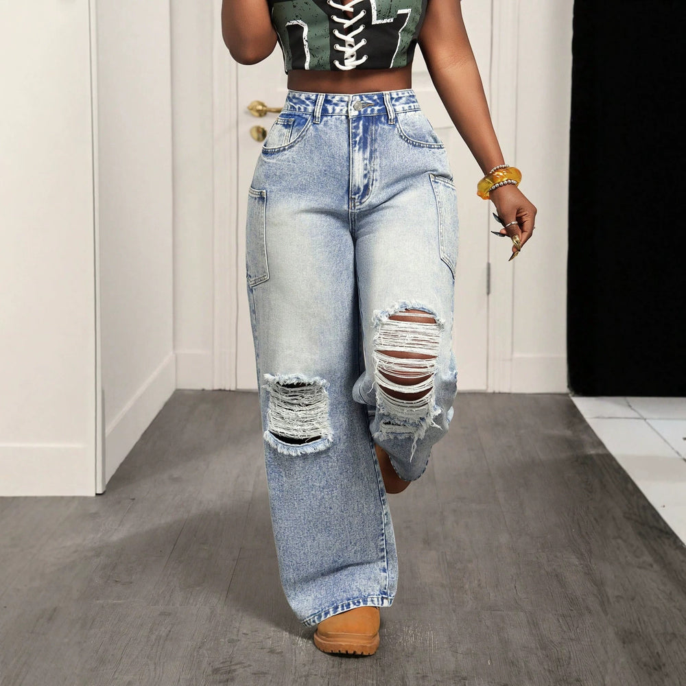 Fashionjeans women's high waist side flap pocket pants big holes raw edge loose pants washed retro hot girl mop pants