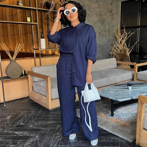 European and American French striped casual shirt women's 2025 new design sense long-sleeved shirt trousers African women's suit
