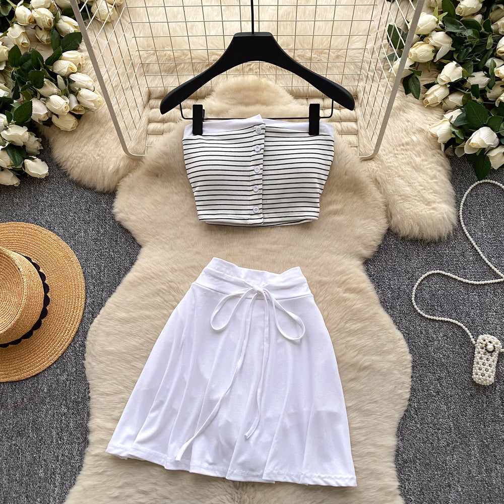 Korean style red striped bandeau top and tie-waist midi skirt set - women's summer slim fit flattering two-piece hot girl outfit