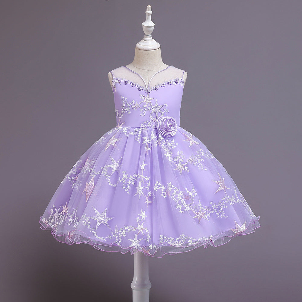New princess dress for kids, sleeveless printed princess gown, girls' white dress, flower girl dress - in stock