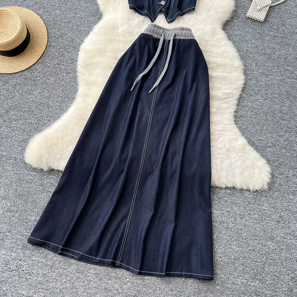 Summer outfit set for women: chic, retro sleeveless v-neck denim vest with high-waisted, flowy midi skirt - two-piece set