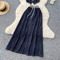 Summer outfit set for women: chic, retro sleeveless v-neck denim vest with high-waisted, flowy midi skirt - two-piece set