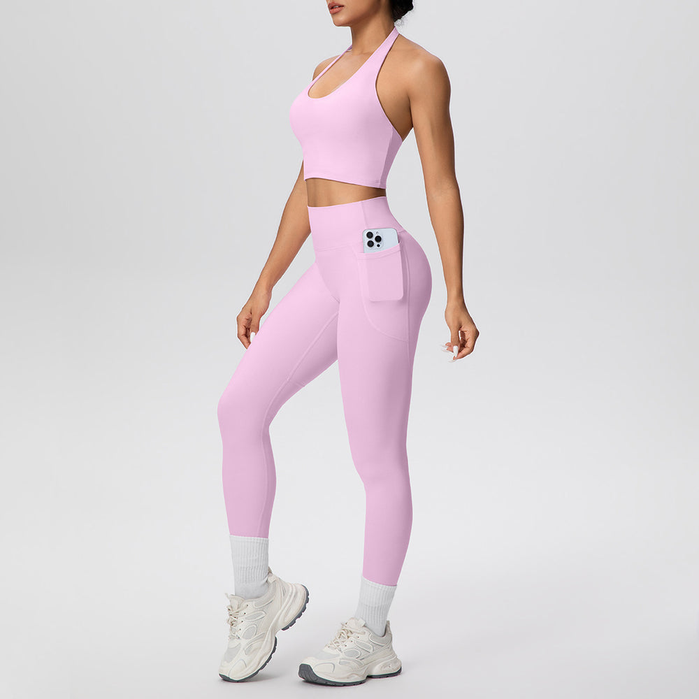 New women's solid color brushed halter tank top and pocket pants yoga set - two-piece activewear for running and fitness