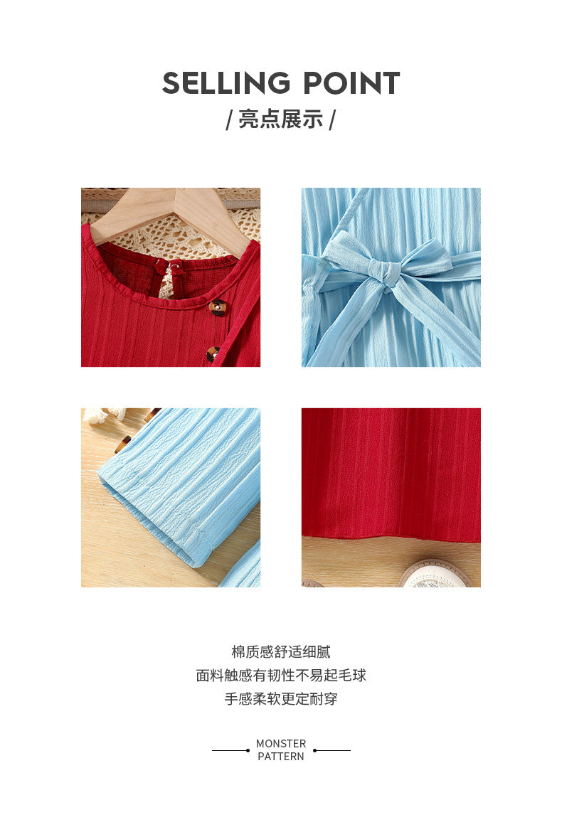 Girls' export dress - red bow belt, lace flutter sleeves, ribbed knit, long sleeve, long dress for outdoor wear