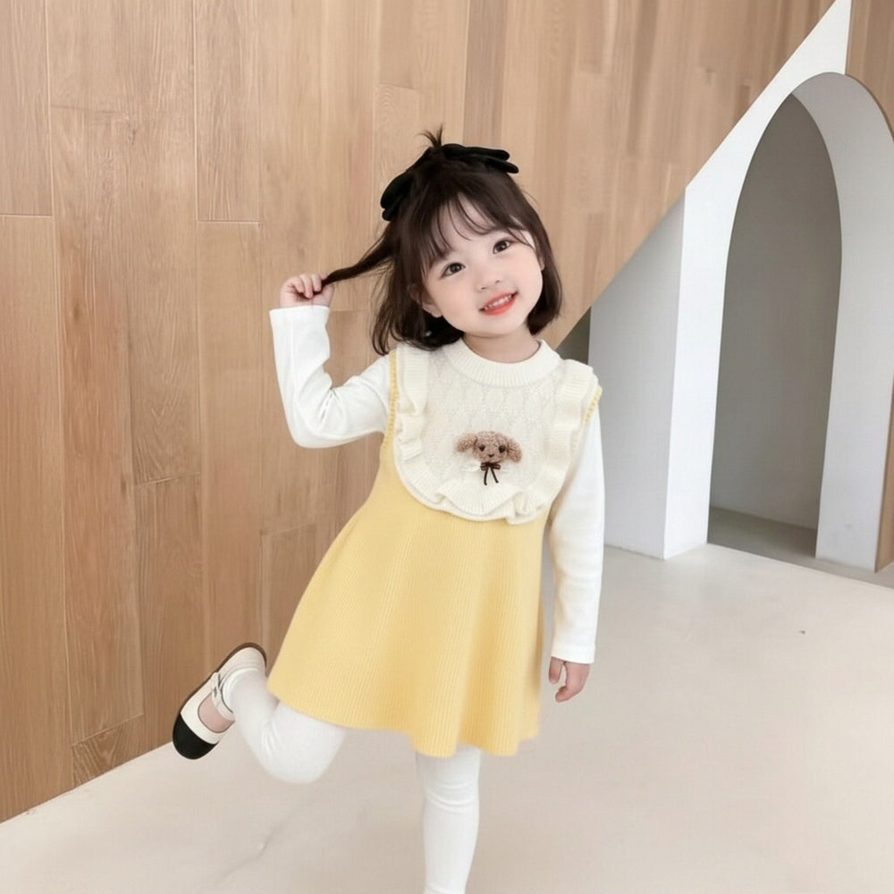 Spring new arrival: sweet cartoon knitted vest dress for little girls