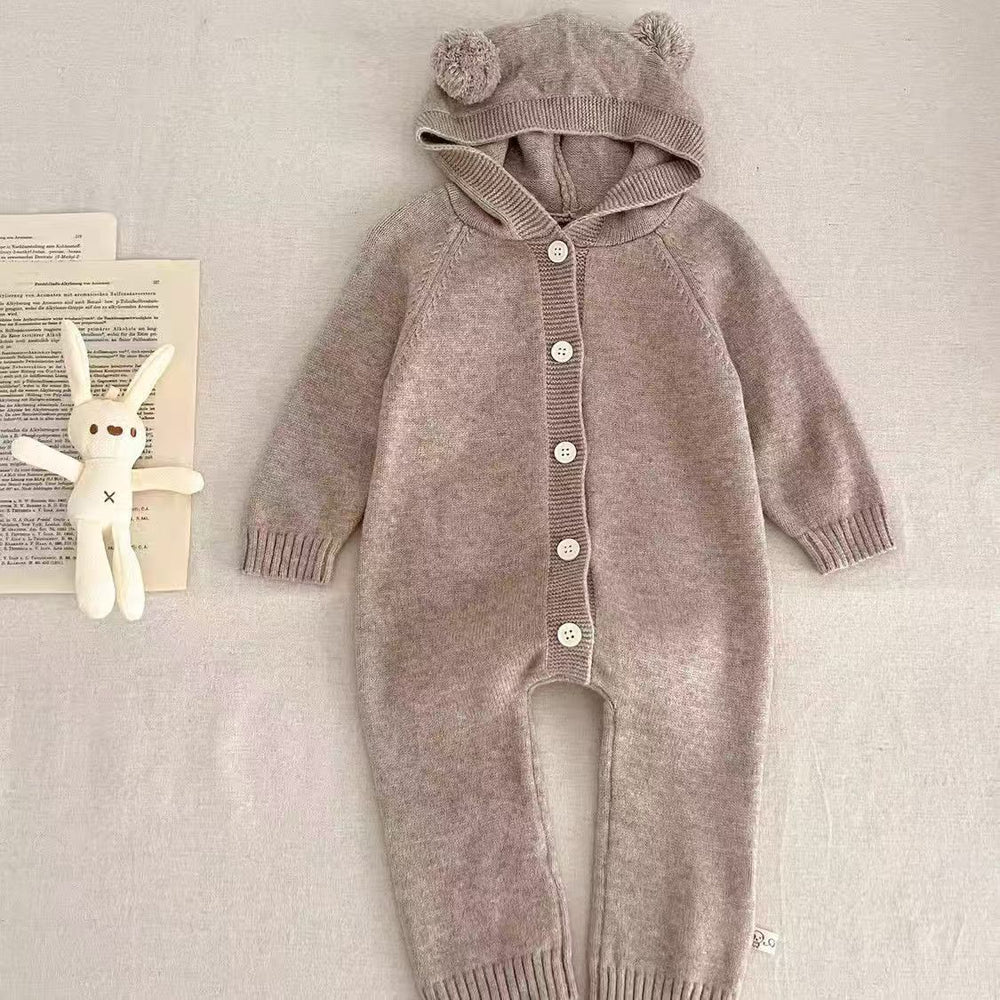 autumn newborn solid color romper cute baby knitted pom-pom hooded crawling suit