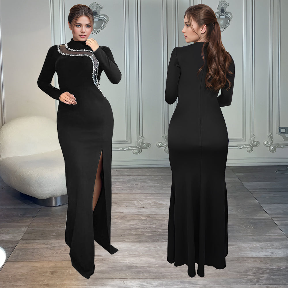 C7297 cross-border   fashion women's sexy slim-fit slit rhinestone chain long sleeve dress