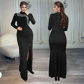 C7297 cross-border   fashion women's sexy slim-fit slit rhinestone chain long sleeve dress