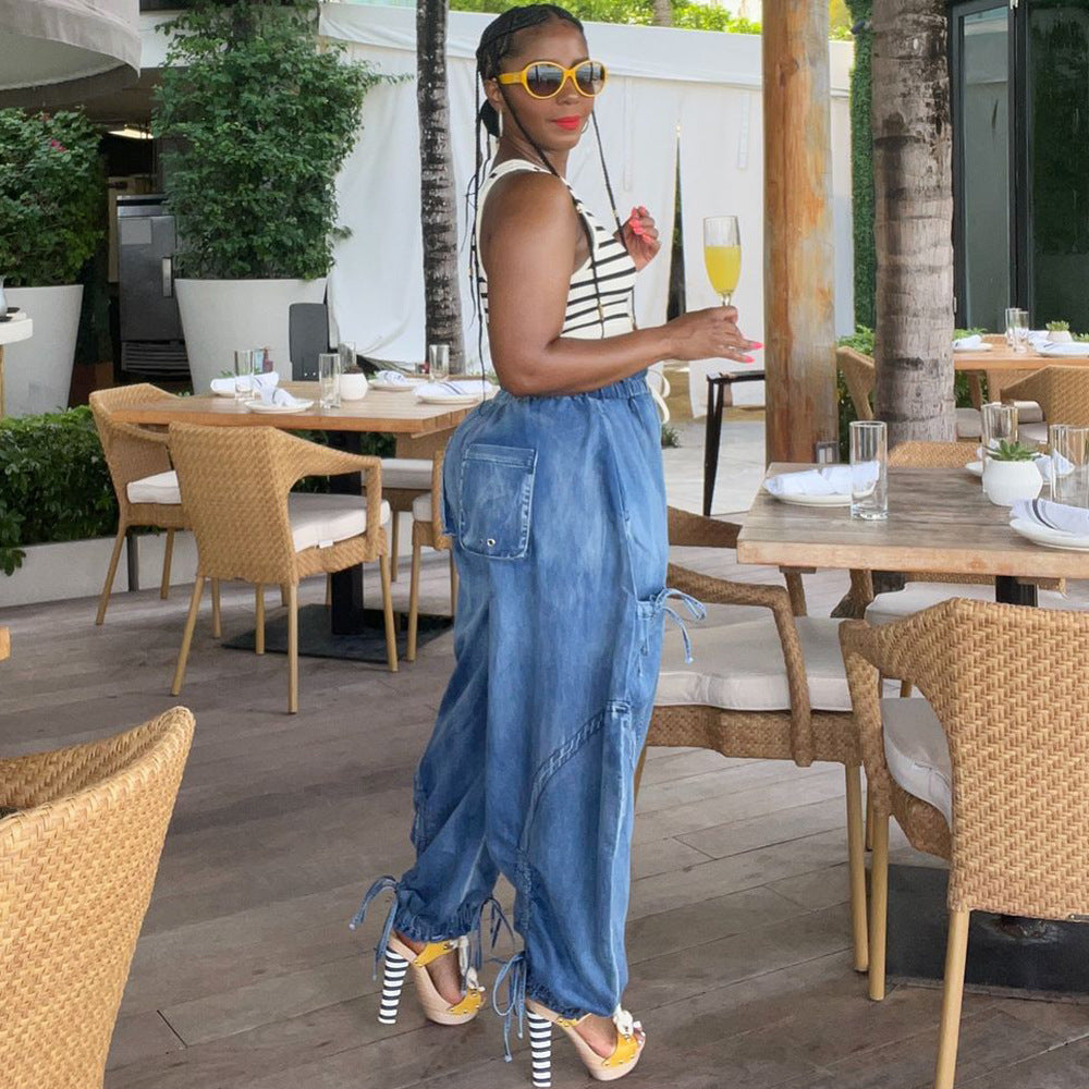 European and american style loose jeans  cross-border women's clothing street casual shirringtie back elastic waist harem pants