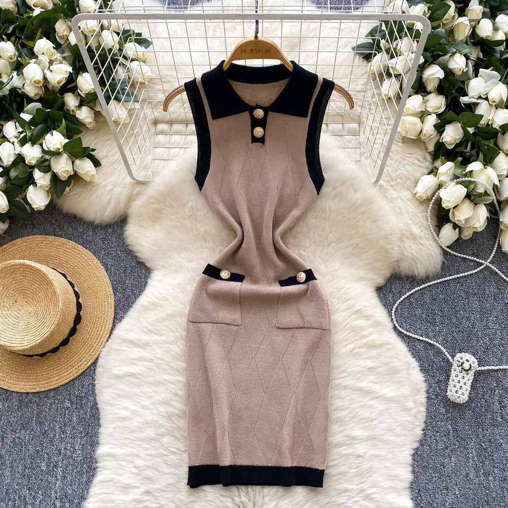 Xiaoxiangfengretrocontrast colorpolo collar sleeveless knittingdress women's summer french waist slimming looksweater short skirt