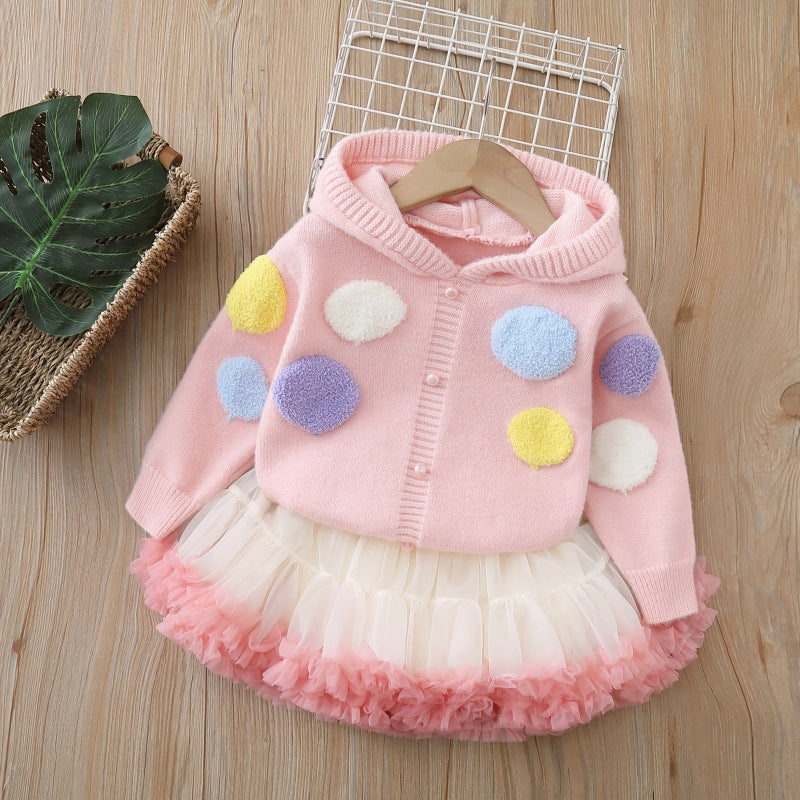 fall/winter new arrivals: kids' knitted sweater set - colorful balloon design, girls' hoodie, tutu skirt, cute princess style, round neck dress set