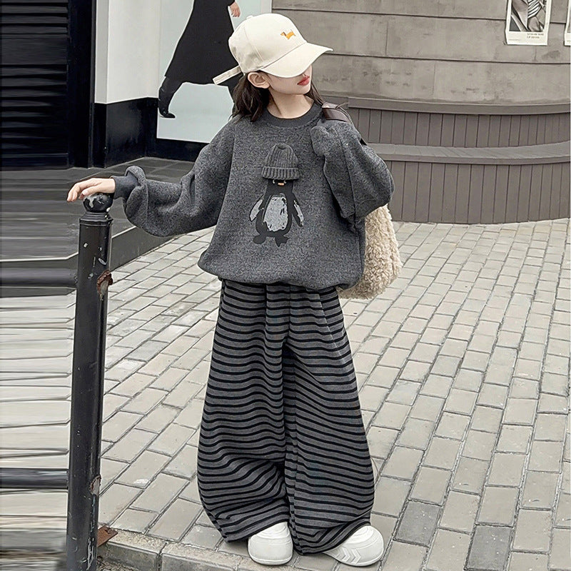 Girls' spring/autumn sweatshirt set -  spring new arrival - loose fit two-piece set for older girls - student striped wide-leg pants