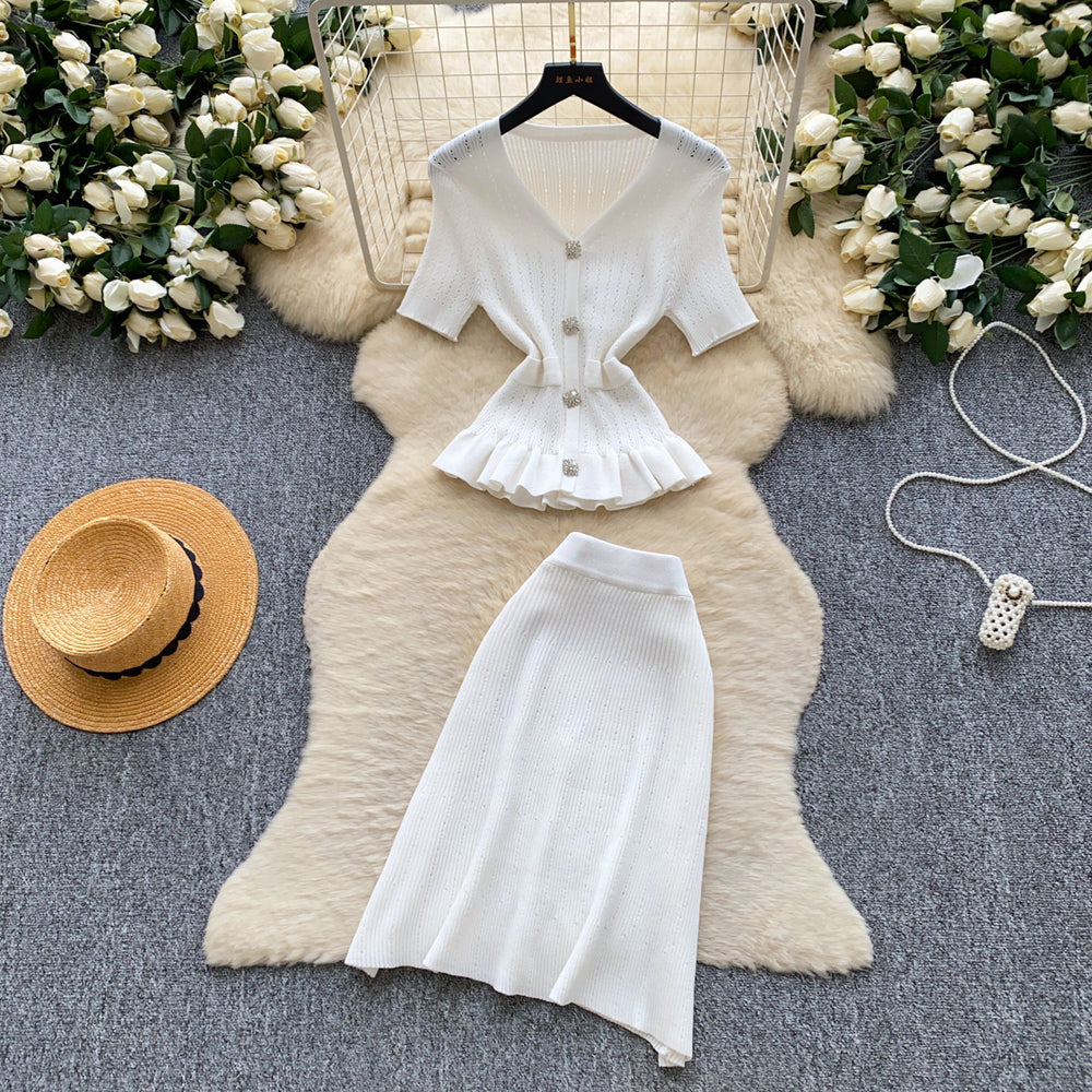 French work clothing style pink knittingtwo-piece set female summercasualv neck waist rufflesfashionelegantsuit