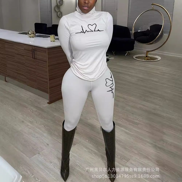 Spot LZR15363 women's new ECG printed turtleneck long-sleeved slim-fitting T-shirt set, leggings 2-piece set