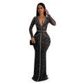 C6832 cross-border   fashion women's solid color mesh rhinestone long dress