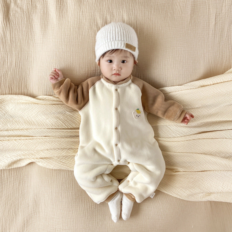 Newborn outing clothes baby winterthickened onesie baby heattechlong sleeves haki infant fleece-lined rompers