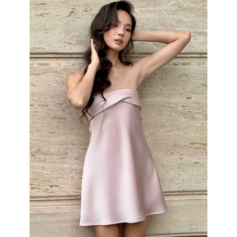 European and american cross-border women's spring  new arrival: off-the-shoulder bandeau backless solid color satin chic sexy dress