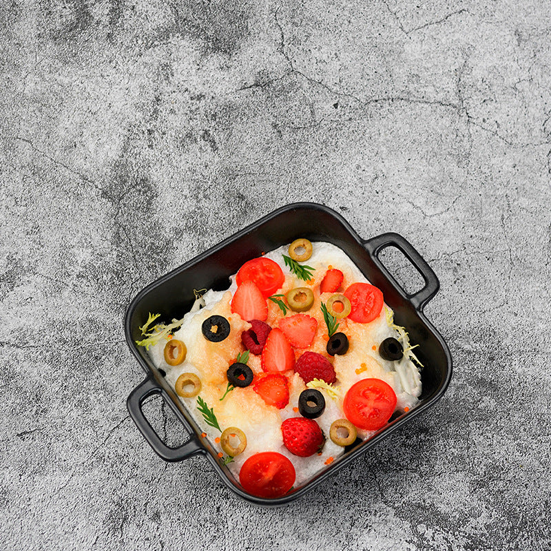 Japanese creative double-ear ceramic for home oven plate microwave oven baking dish cheese rice dish direction matte black plate
