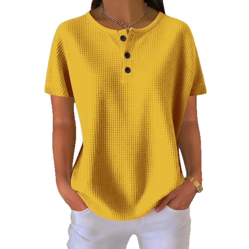 Ready-to-ship, cross-border amazon, foreign trade, fashionable crew neck waffle knit 2026 summer new style solid color pullover loose top