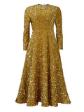 D469 cross-border new women's round neck long sleeve solid color sequin high waist elegant midi dress european and american style