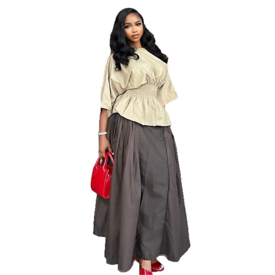 European and american cross-border women's fashion:  summer new arrivals - stylish, designer pleated waist top and high-waisted midi skirt set